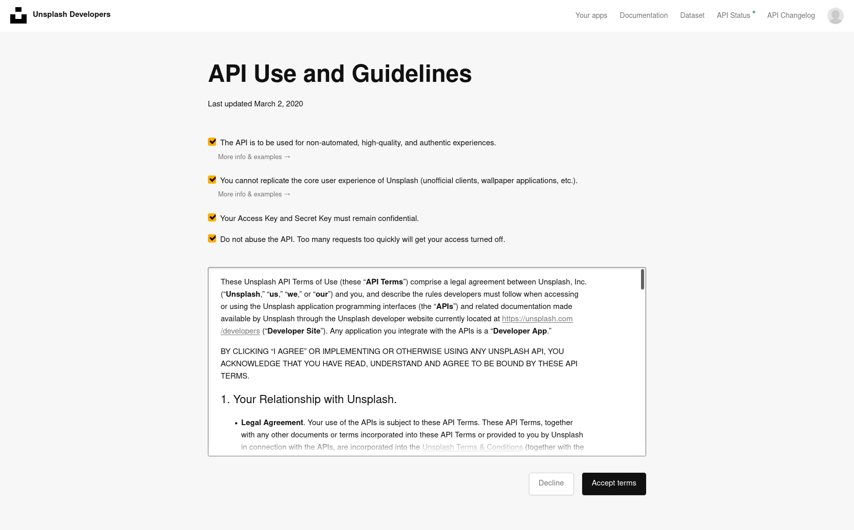The guidelines and terms box within Unsplash’s developer console.