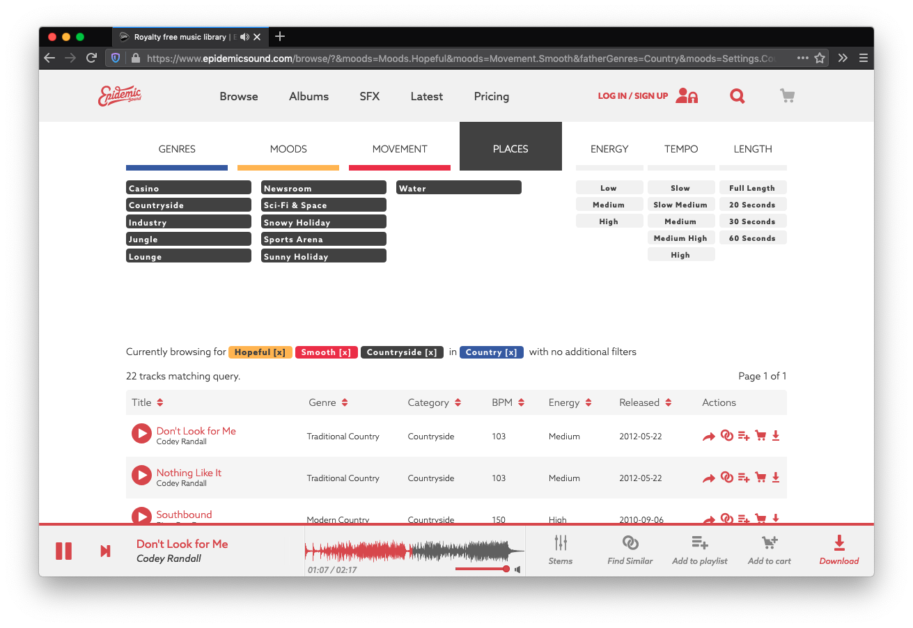 The search feature on Epidemic Sounds' website.