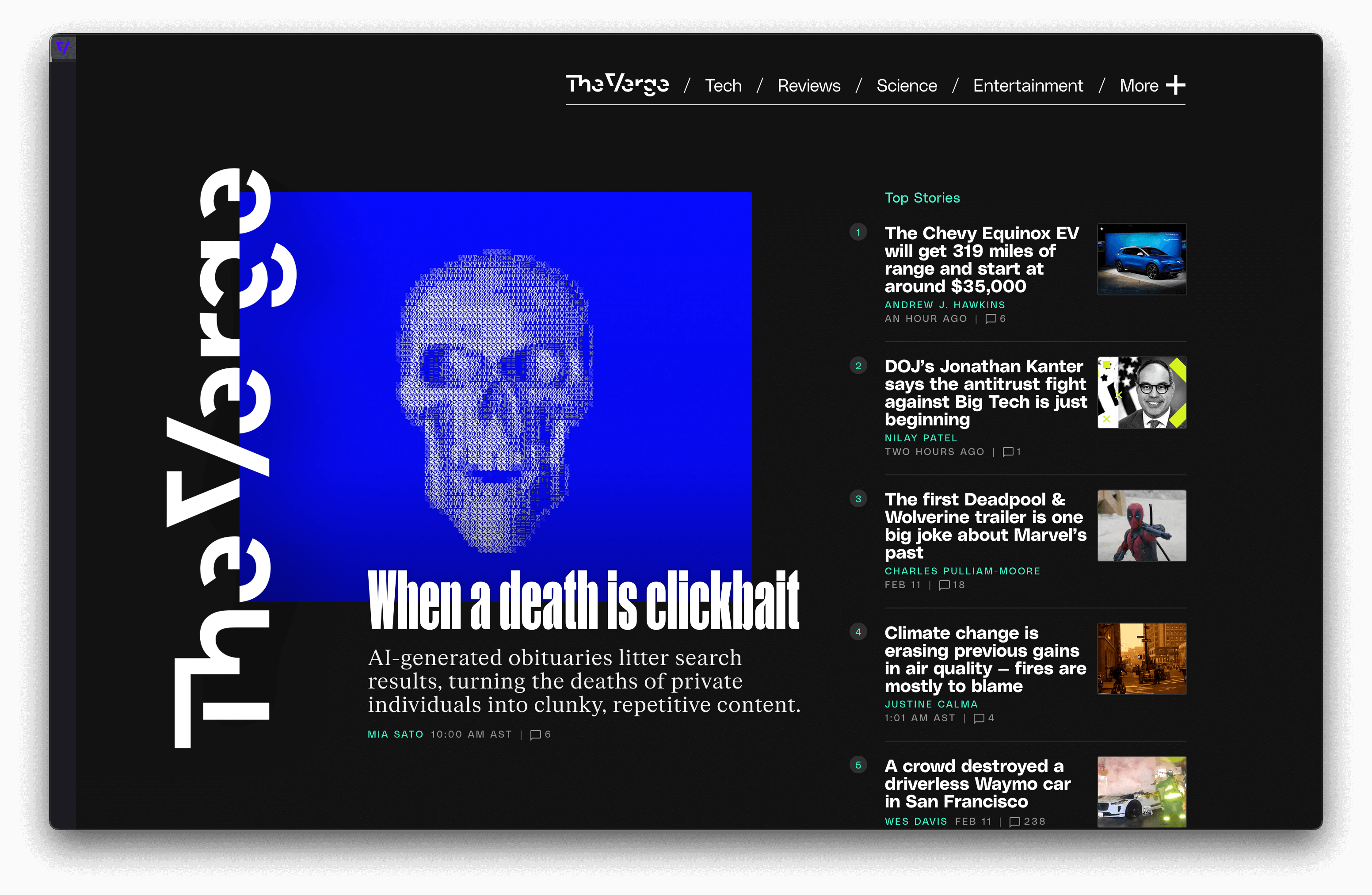 A Firefox browser with verital tabs, showing The Verge homepage.